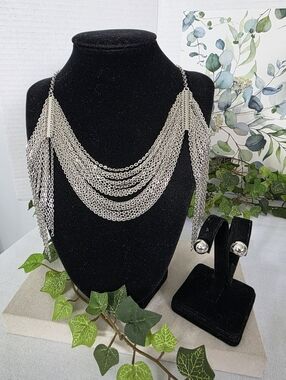 Multi-Strand Silver Chain Drape Statement Necklace & Stud Earrings Set